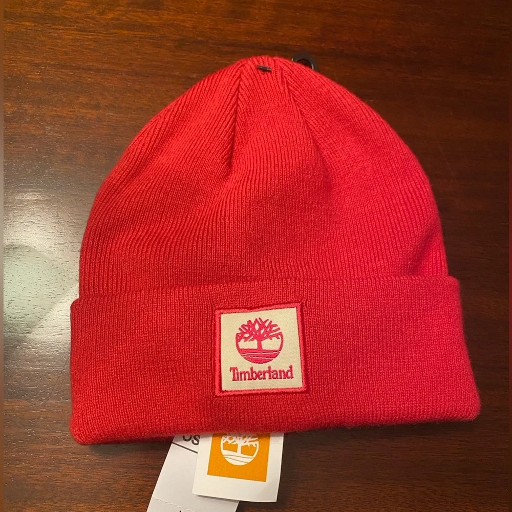 NWT Timberland Women's Classic Tonal Patch Cuffed Beanie in Red Gift‎ Winter